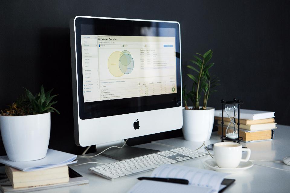 Desktop computer displaying business dashboards